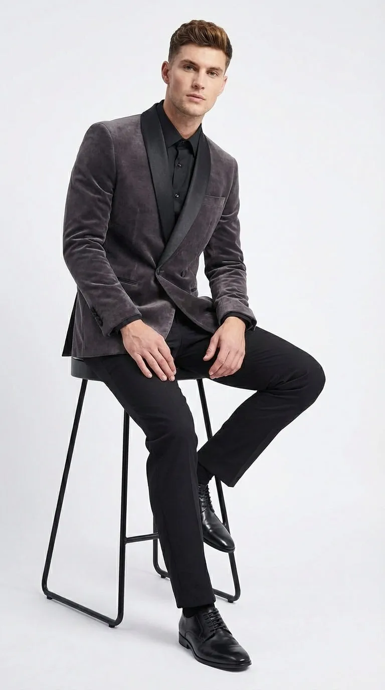 Mens Charcoal Gray Velvet Tuxedo Suit – Luxury Formal Wedding Suit with Black Shawl Lapel for Prom, Party Black Pants sold by Alberto Nardoni product image thumbnail 2