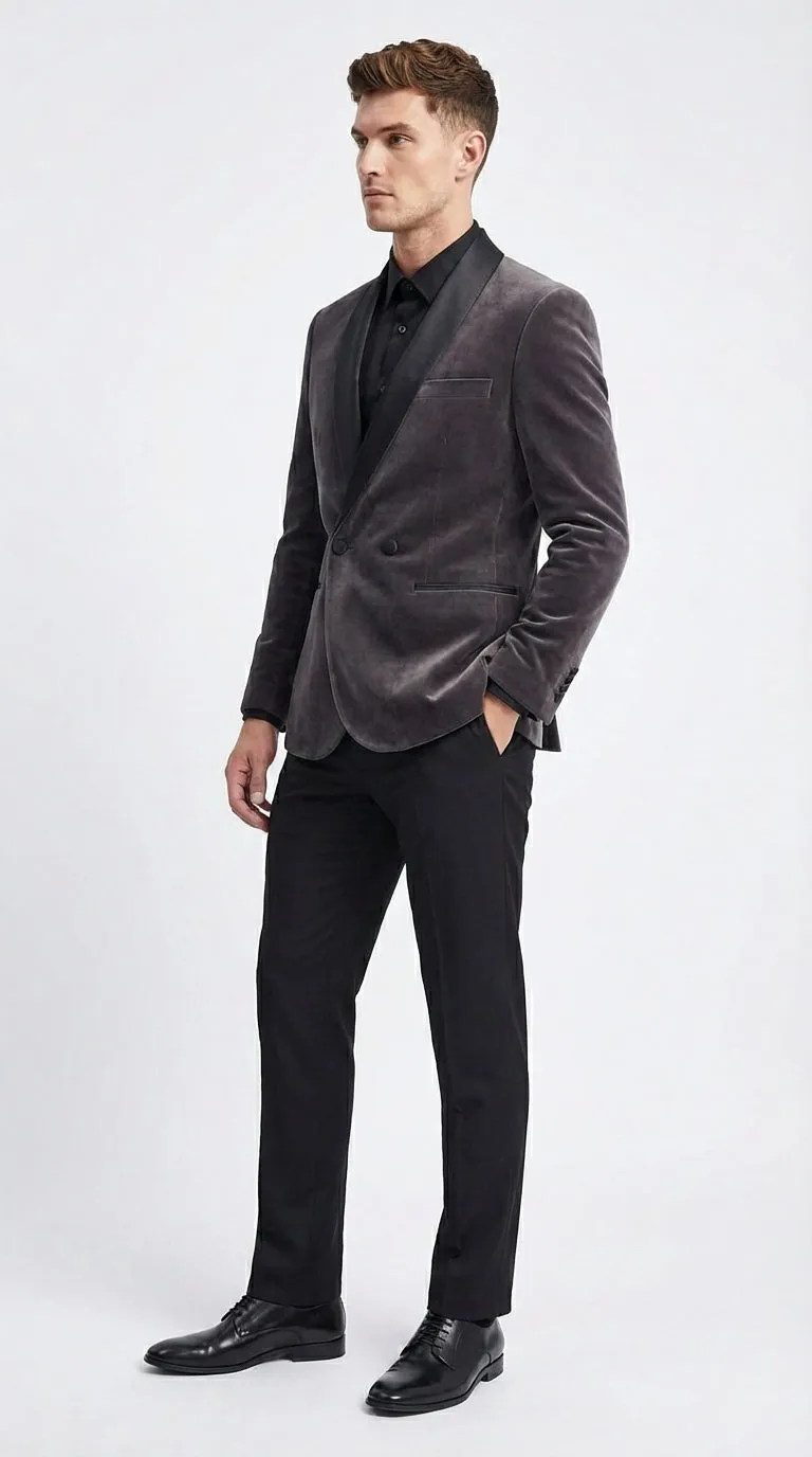 Mens Charcoal Gray Velvet Tuxedo Suit – Luxury Formal Wedding Suit with Black Shawl Lapel for Prom, Party Black Pants sold by Alberto Nardoni product image thumbnail 5
