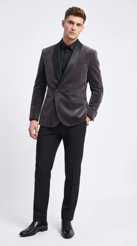 Mens Charcoal Gray Velvet Tuxedo Suit – Luxury Formal Wedding Suit with Black Shawl Lapel for Prom, Party Black Pants made by Alberto Nardoni