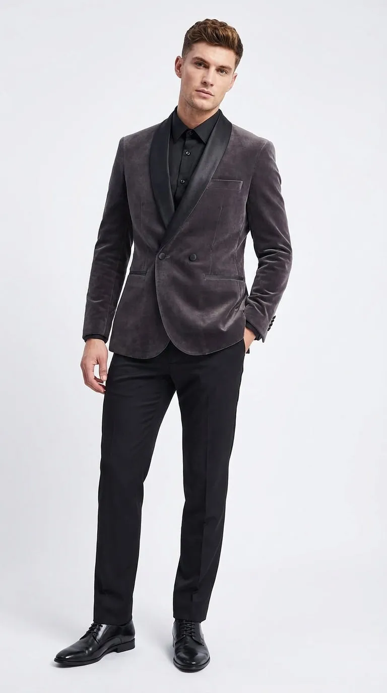 Mens Charcoal Gray Velvet Tuxedo Suit – Luxury Formal Wedding Suit with Black Shawl Lapel for Prom, Party Black Pants sold by Alberto Nardoni