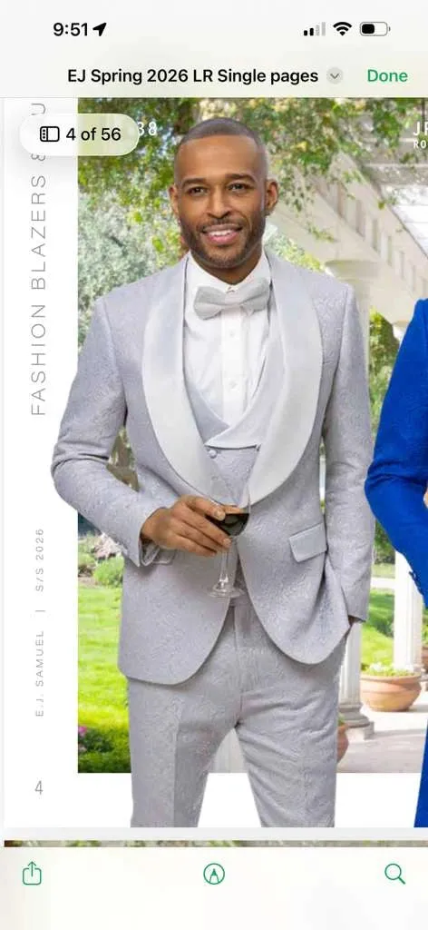 Mens Light Silver Wedding Tuxedo Suit – Paisley Fabric Three Piece Formal Suit Set with Shawl Lapel for Groom, Prom, Gala and ice Grey sold by Alberto Nardoni