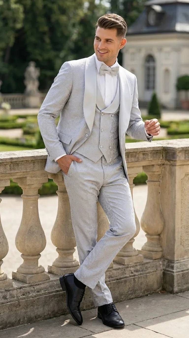 Mens Light Silver Wedding Tuxedo Suit – Paisley Fabric Three Piece Formal Suit Set with Shawl Lapel for Groom, Prom, Gala and ice Grey sold by Alberto Nardoni product image thumbnail 5