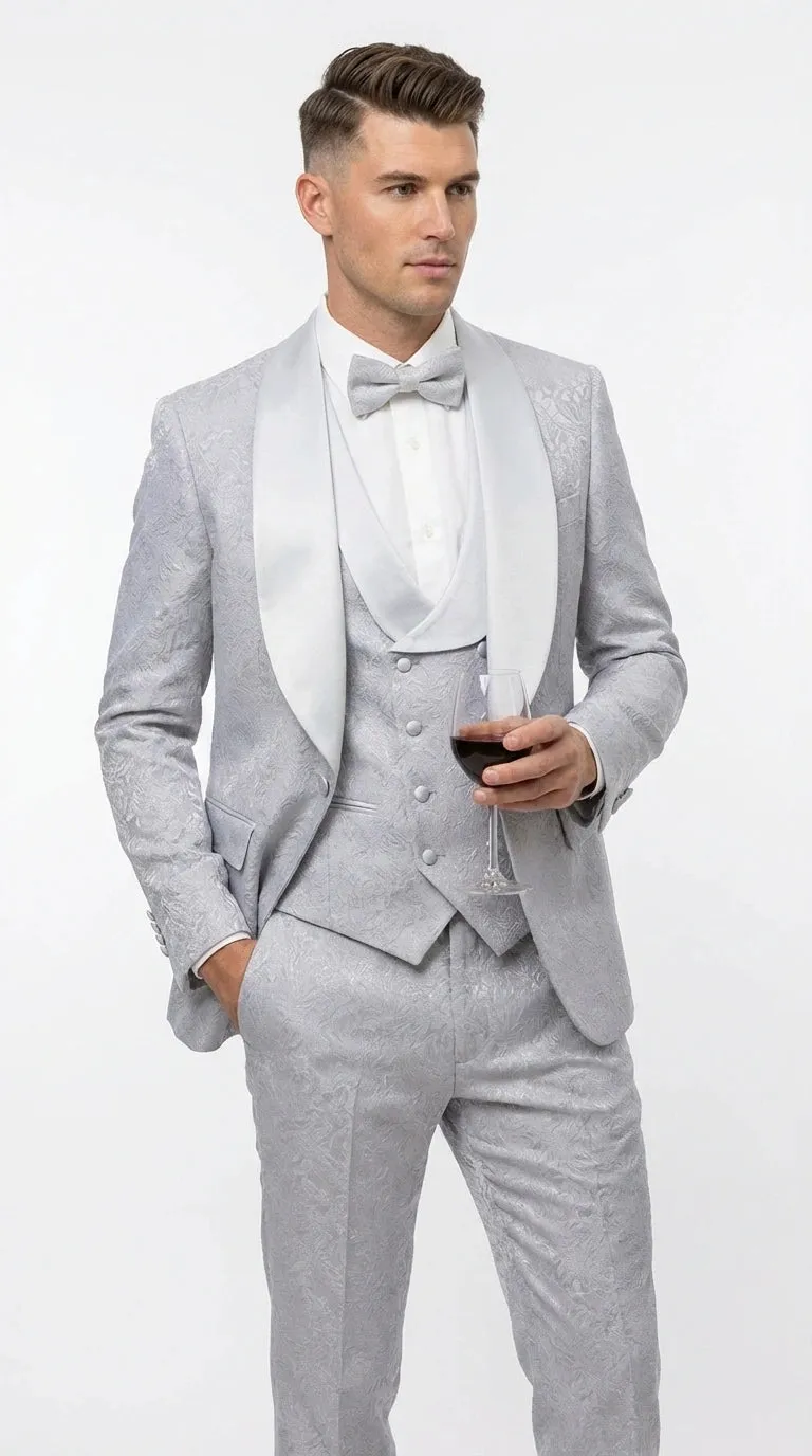 Mens Light Silver Wedding Tuxedo Suit – Paisley Fabric Three Piece Formal Suit Set with Shawl Lapel for Groom, Prom, Gala and ice Grey sold by Alberto Nardoni product image thumbnail 2