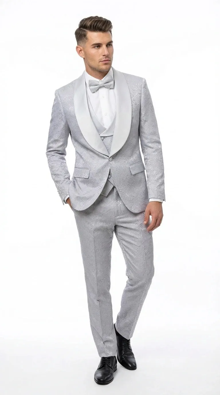 Mens Light Silver Wedding Tuxedo Suit – Paisley Fabric Three Piece Formal Suit Set with Shawl Lapel for Groom, Prom, Gala and ice Grey sold by Alberto Nardoni product image thumbnail 3