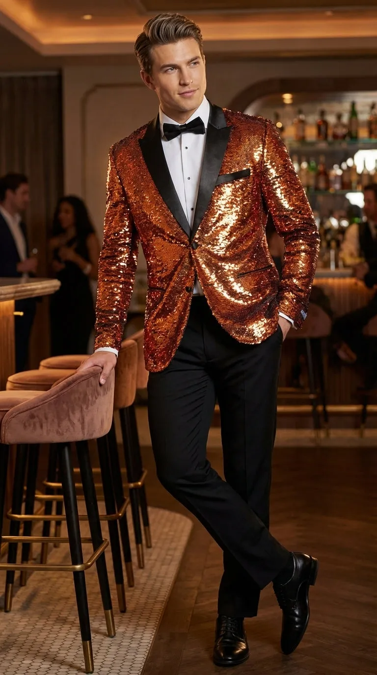 Mens Orange Sequin Blazer Tuxedo Dinner Jacket – Shiny Party Dinner Jacket with Black Lapel for Wedding, Prom, Stage Kingsman Jacket sold by Alberto Nardoni product image thumbnail 3