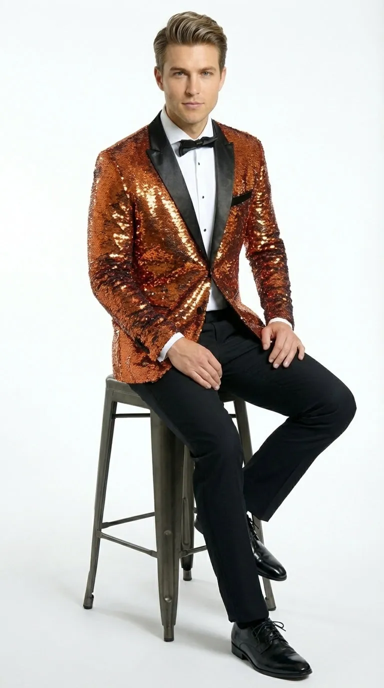Mens Orange Sequin Blazer Tuxedo Dinner Jacket – Shiny Party Dinner Jacket with Black Lapel for Wedding, Prom, Stage Kingsman Jacket sold by Alberto Nardoni product image thumbnail 2