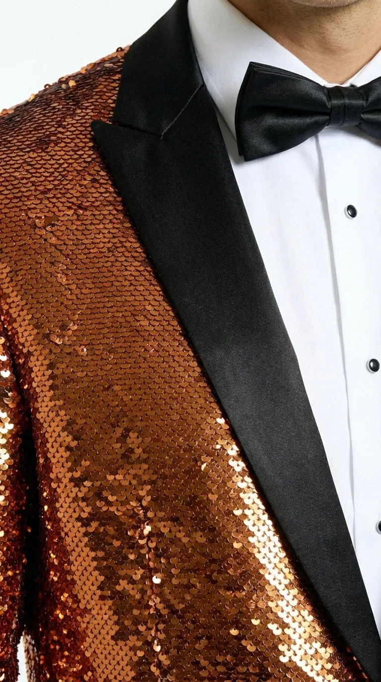 Mens Orange Sequin Blazer Tuxedo Dinner Jacket – Shiny Party Dinner Jacket with Black Lapel for Wedding, Prom, Stage Kingsman Jacket sold by Alberto Nardoni product image thumbnail 4
