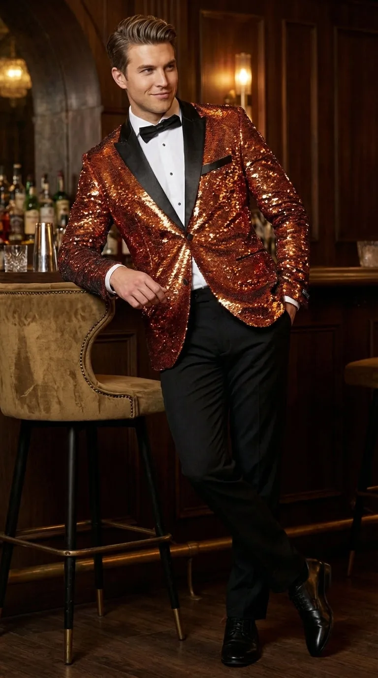 Mens Orange Sequin Blazer Tuxedo Dinner Jacket – Shiny Party Dinner Jacket with Black Lapel for Wedding, Prom, Stage Kingsman Jacket sold by Alberto Nardoni product image thumbnail 5