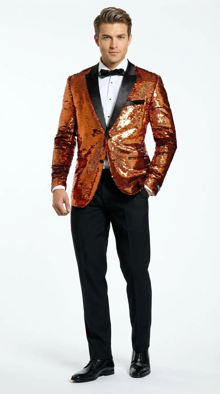 Mens Orange Sequin Blazer Tuxedo Dinner Jacket – Shiny Party Dinner Jacket with Black Lapel for Wedding, Prom, Stage Kingsman Jacket sold by Alberto Nardoni