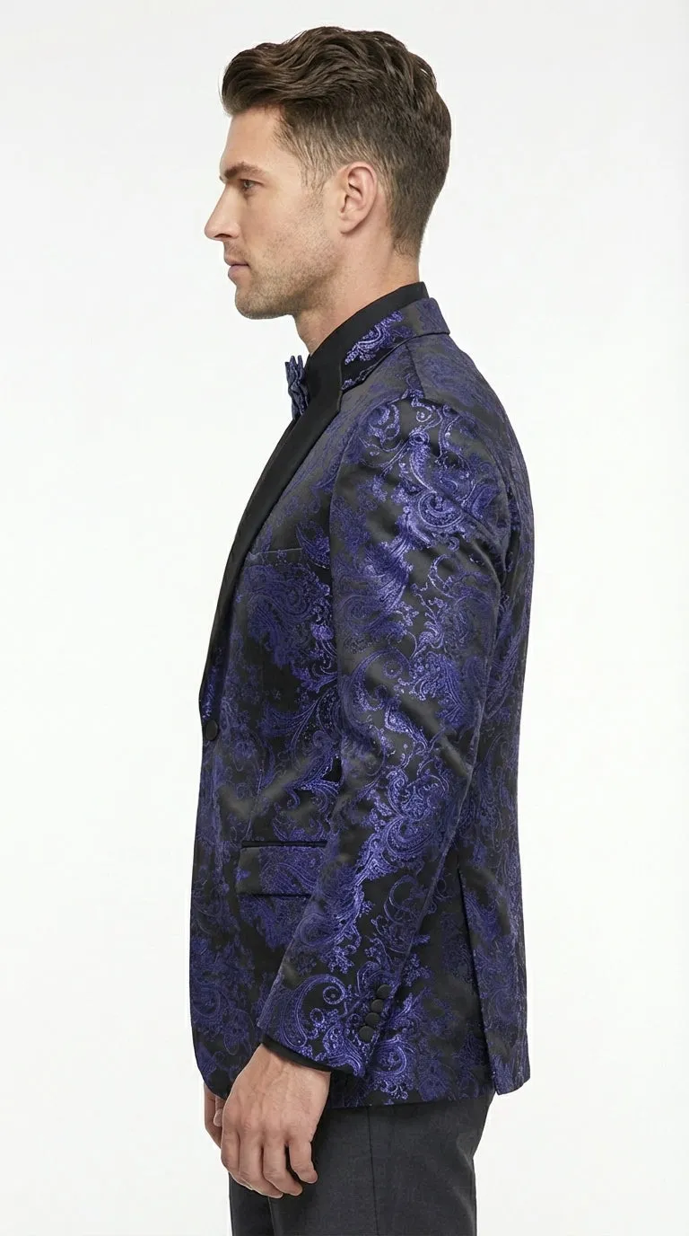 Mens Royal Blue Paisley Jacquard Blazer – Luxury Pattern Tuxedo Dinner Jacket with Black Satin Lapel for Wedding, Prom With Bowtie sold by Alberto Nardoni product image thumbnail 4