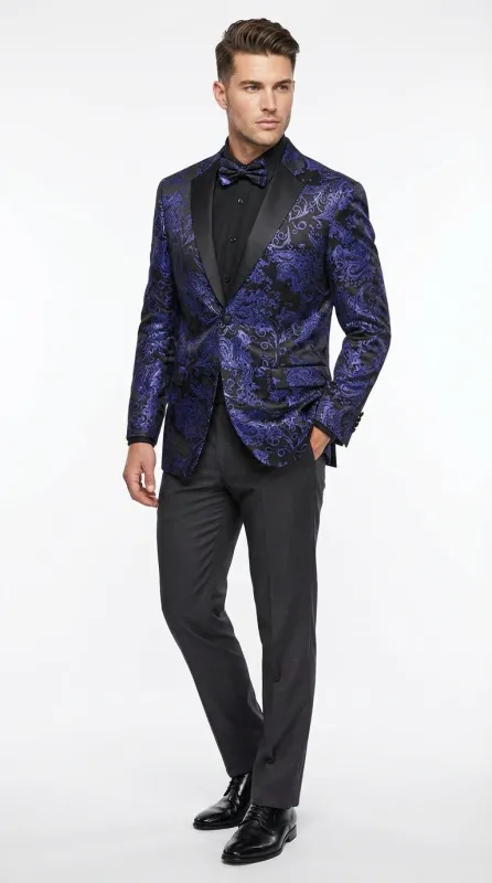 Mens Royal Blue Paisley Jacquard Blazer – Luxury Pattern Tuxedo Dinner Jacket with Black Satin Lapel for Wedding, Prom With Bowtie made by Alberto Nardoni