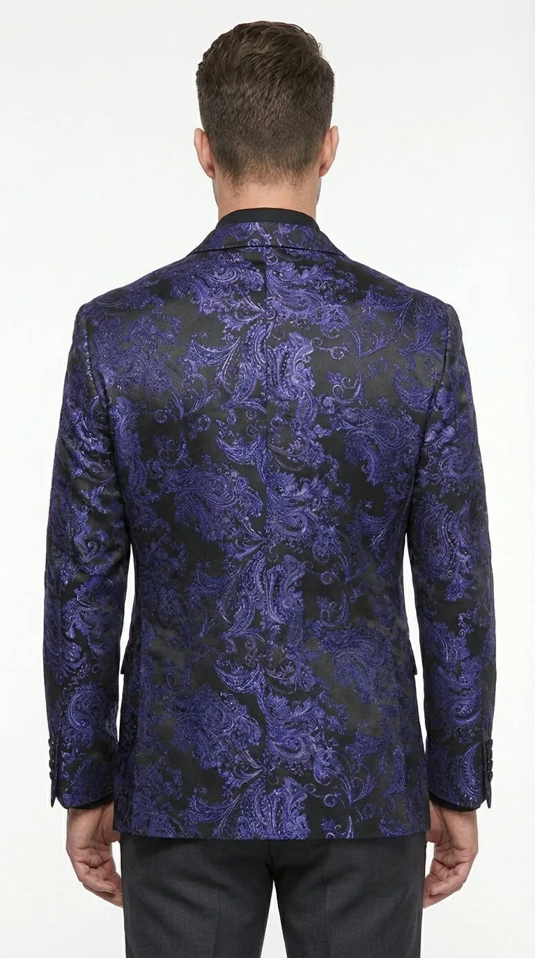Mens Royal Blue Paisley Jacquard Blazer – Luxury Pattern Tuxedo Dinner Jacket with Black Satin Lapel for Wedding, Prom With Bowtie sold by Alberto Nardoni product image thumbnail 2