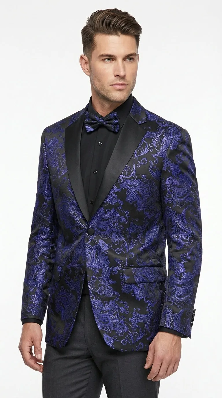 Mens Royal Blue Paisley Jacquard Blazer – Luxury Pattern Tuxedo Dinner Jacket with Black Satin Lapel for Wedding, Prom With Bowtie sold by Alberto Nardoni product image thumbnail 3
