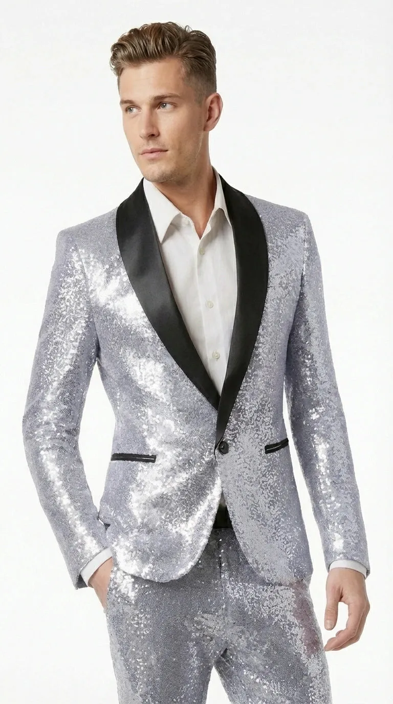 Mens Silver Grey Sequin Tuxedo Suit – Shiny Wedding Suit Set with Black Lapel for Prom, Party, Gala and Formal Evening Wear sold by Alberto Nardoni product image thumbnail 4