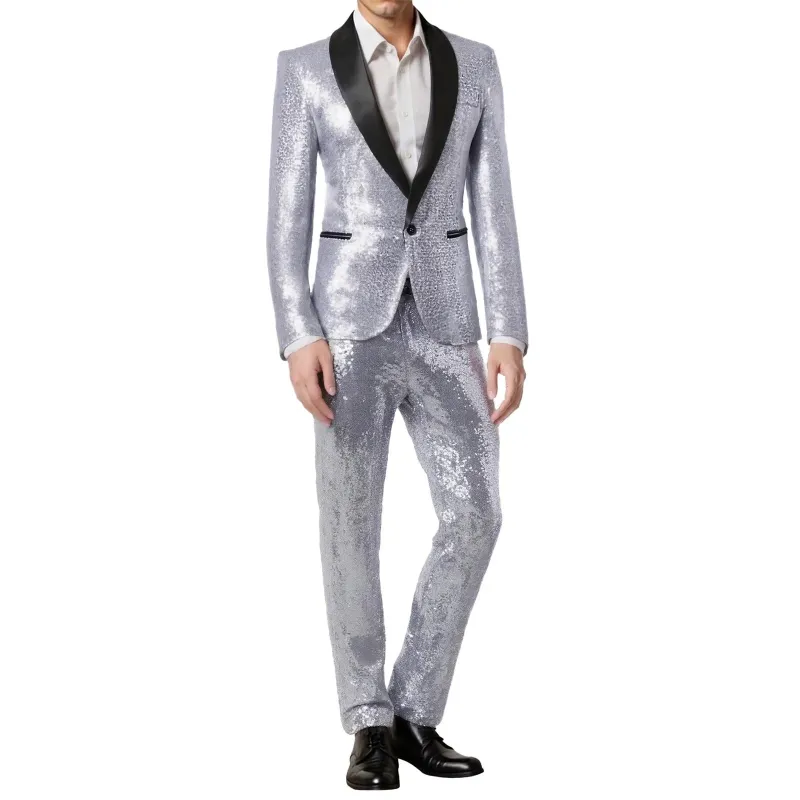Mens Silver Grey Sequin Tuxedo Suit – Shiny Wedding Suit Set with Black Lapel for Prom, Party, Gala and Formal Evening Wear made by Alberto Nardoni