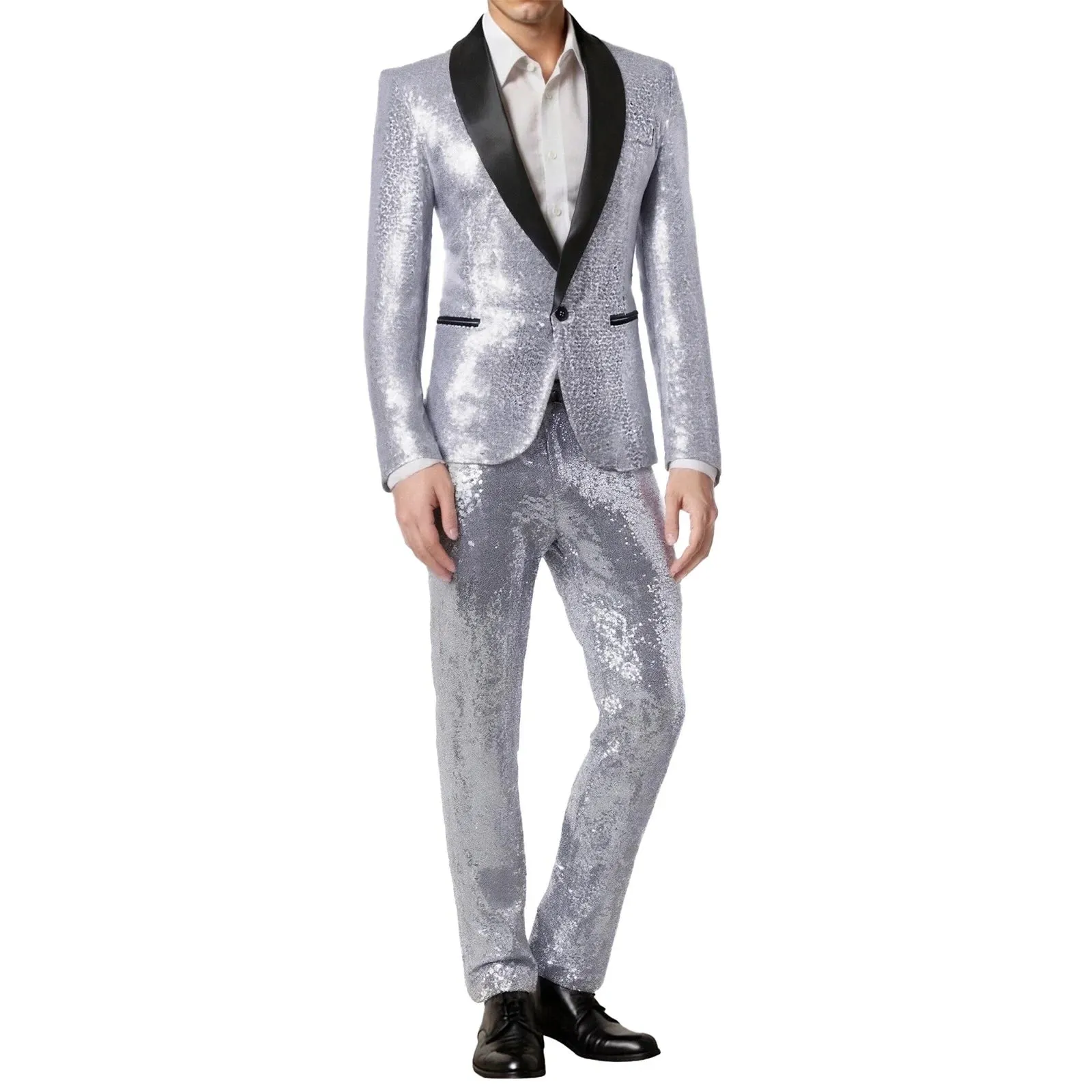 Mens Silver Grey Sequin Tuxedo Suit – Shiny Wedding Suit Set with Black Lapel for Prom, Party, Gala and Formal Evening Wear sold by Alberto Nardoni