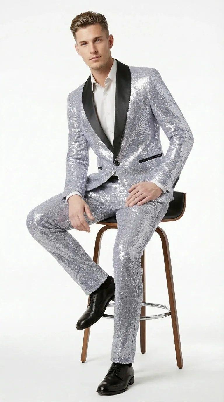 Mens Silver Grey Sequin Tuxedo Suit – Shiny Wedding Suit Set with Black Lapel for Prom, Party, Gala and Formal Evening Wear sold by Alberto Nardoni product image thumbnail 5