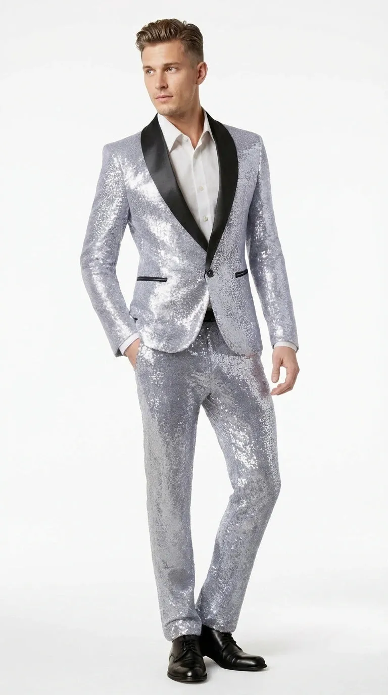Mens Silver Grey Sequin Tuxedo Suit – Shiny Wedding Suit Set with Black Lapel for Prom, Party, Gala and Formal Evening Wear sold by Alberto Nardoni product image thumbnail 2