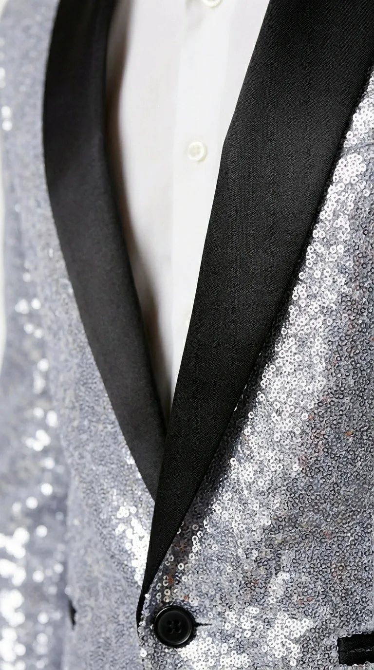 Mens Silver Grey Sequin Tuxedo Suit – Shiny Wedding Suit Set with Black Lapel for Prom, Party, Gala and Formal Evening Wear sold by Alberto Nardoni product image thumbnail 3