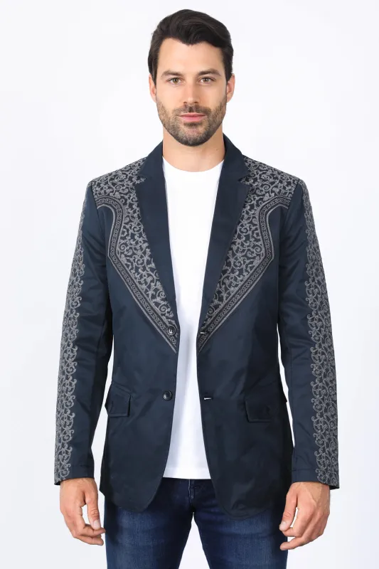 Men’s Navy Fashion Blazer with Embroidery – Smart Casual Dress Jacket made by Alberto Nardoni