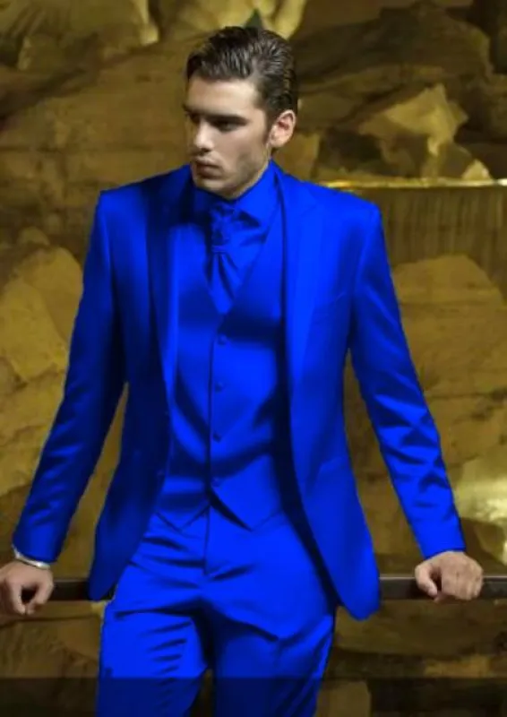 Mens Shiny Blazer - Royal Blue Sateen Vested Suit - Sateen Fabric made by Alberto Nardoni