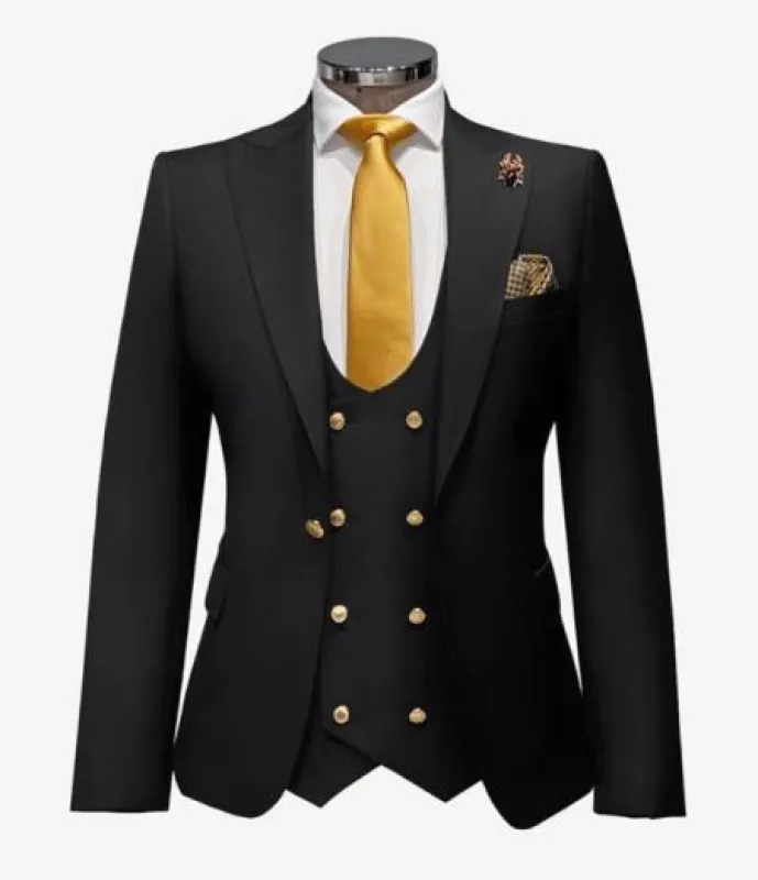 Black Mens Double Breasted Slim-fit Suit With Gold Buttons 46 Long Double Breasted Vest made by Alberto Nardoni