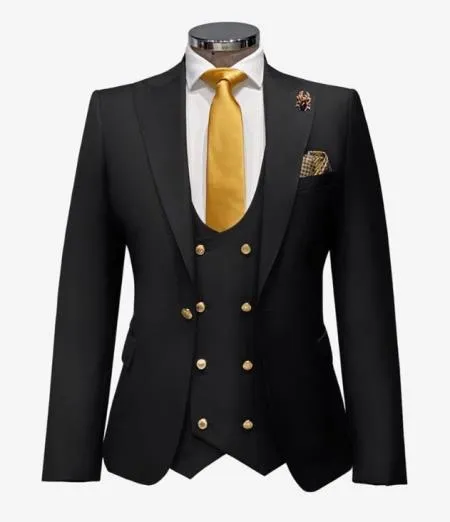 Black Mens Double Breasted Slim-fit Suit With Gold Buttons 46 Long Double Breasted Vest sold by Alberto Nardoni