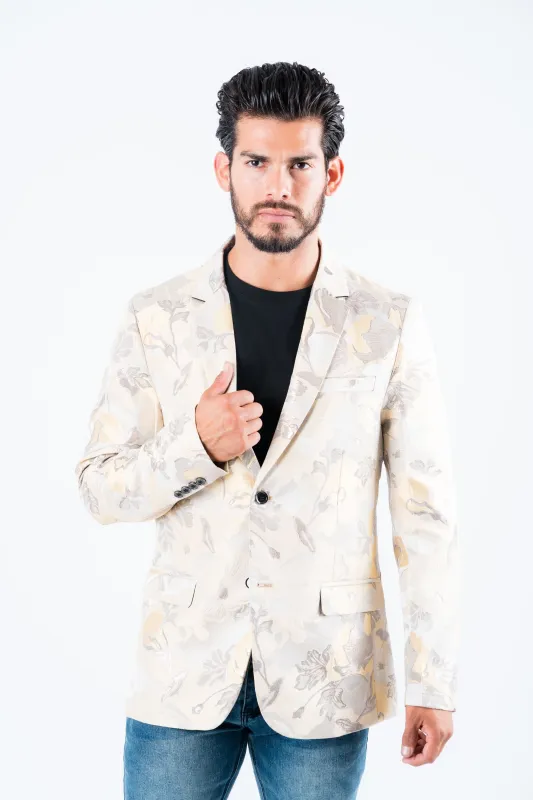 Men’s Elegant Beige Floral Print Blazer with Double Buttons made by Alberto Nardoni