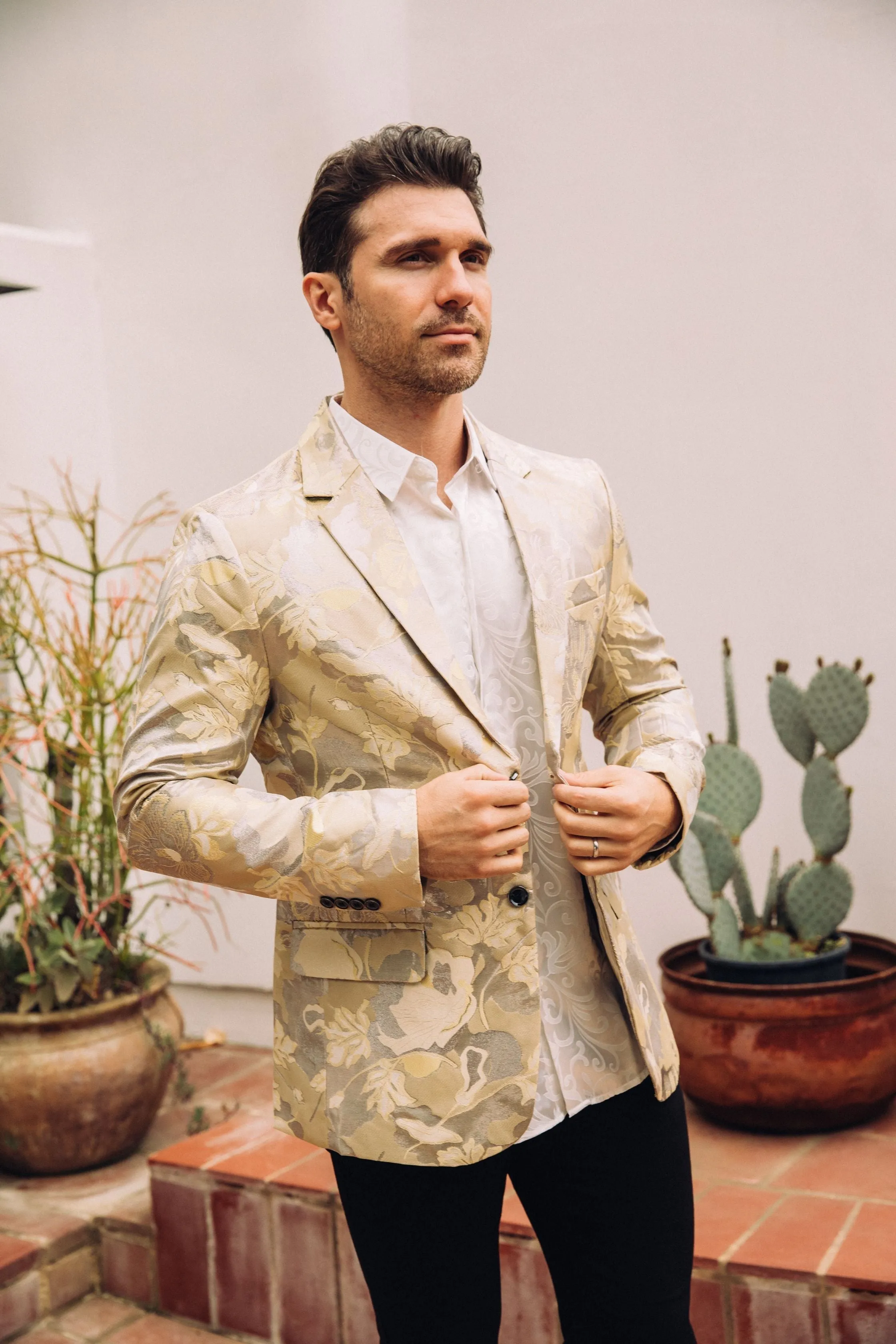 Men’s Elegant Beige Floral Print Blazer with Double Buttons sold by Alberto Nardoni product image thumbnail 2
