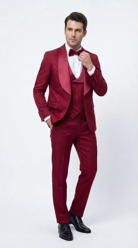 Mens Burgundy Wedding Tuxedo Suit – Paisley Three Piece Formal Suit Set with Shawl Lapel for Groom, Prom made by Alberto Nardoni