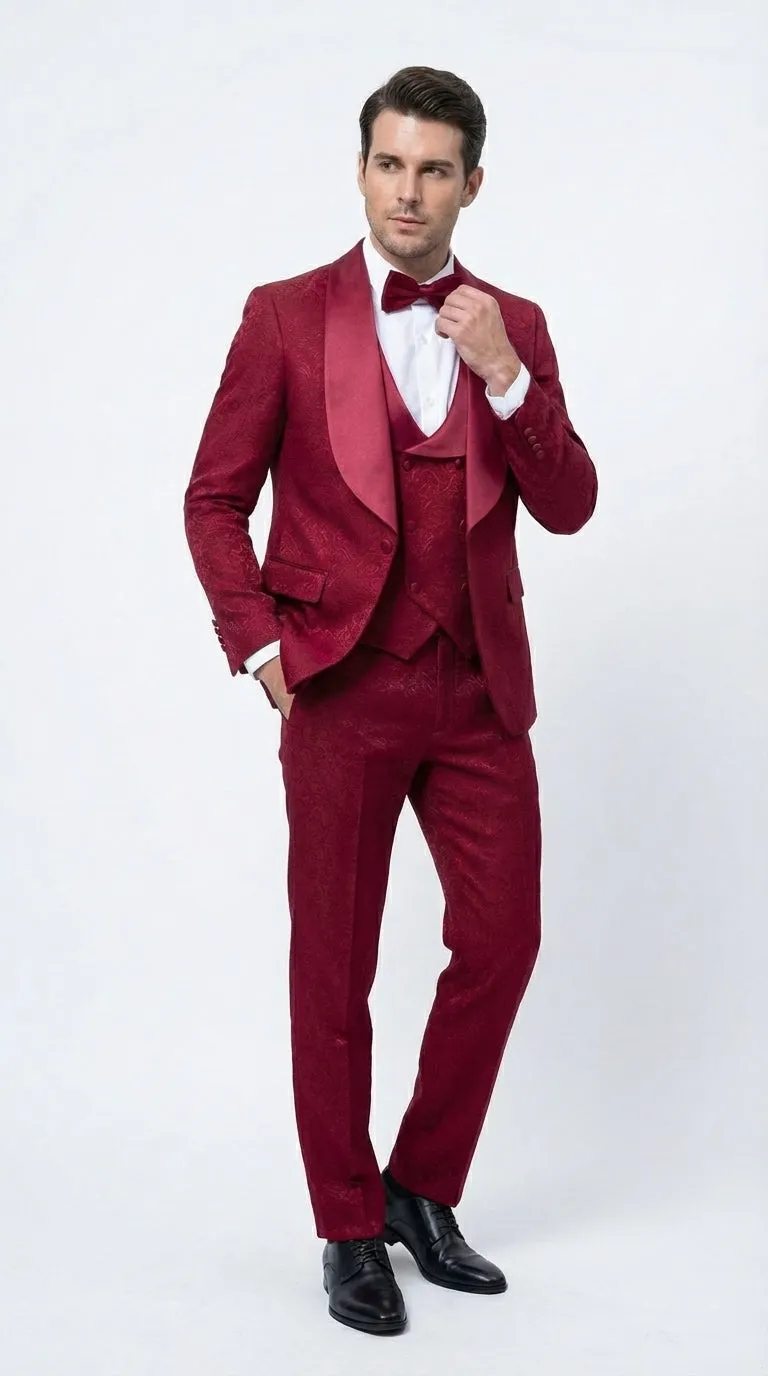 Mens Burgundy Wedding Tuxedo Suit – Paisley Three Piece Formal Suit Set with Shawl Lapel for Groom, Prom sold by Alberto Nardoni