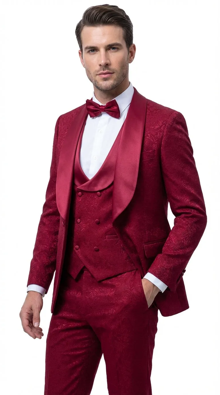 Mens Burgundy Wedding Tuxedo Suit – Paisley Three Piece Formal Suit Set with Shawl Lapel for Groom, Prom sold by Alberto Nardoni product image thumbnail 3