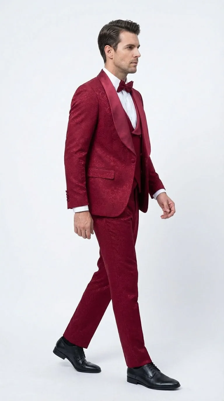 Mens Burgundy Wedding Tuxedo Suit – Paisley Three Piece Formal Suit Set with Shawl Lapel for Groom, Prom sold by Alberto Nardoni product image thumbnail 5