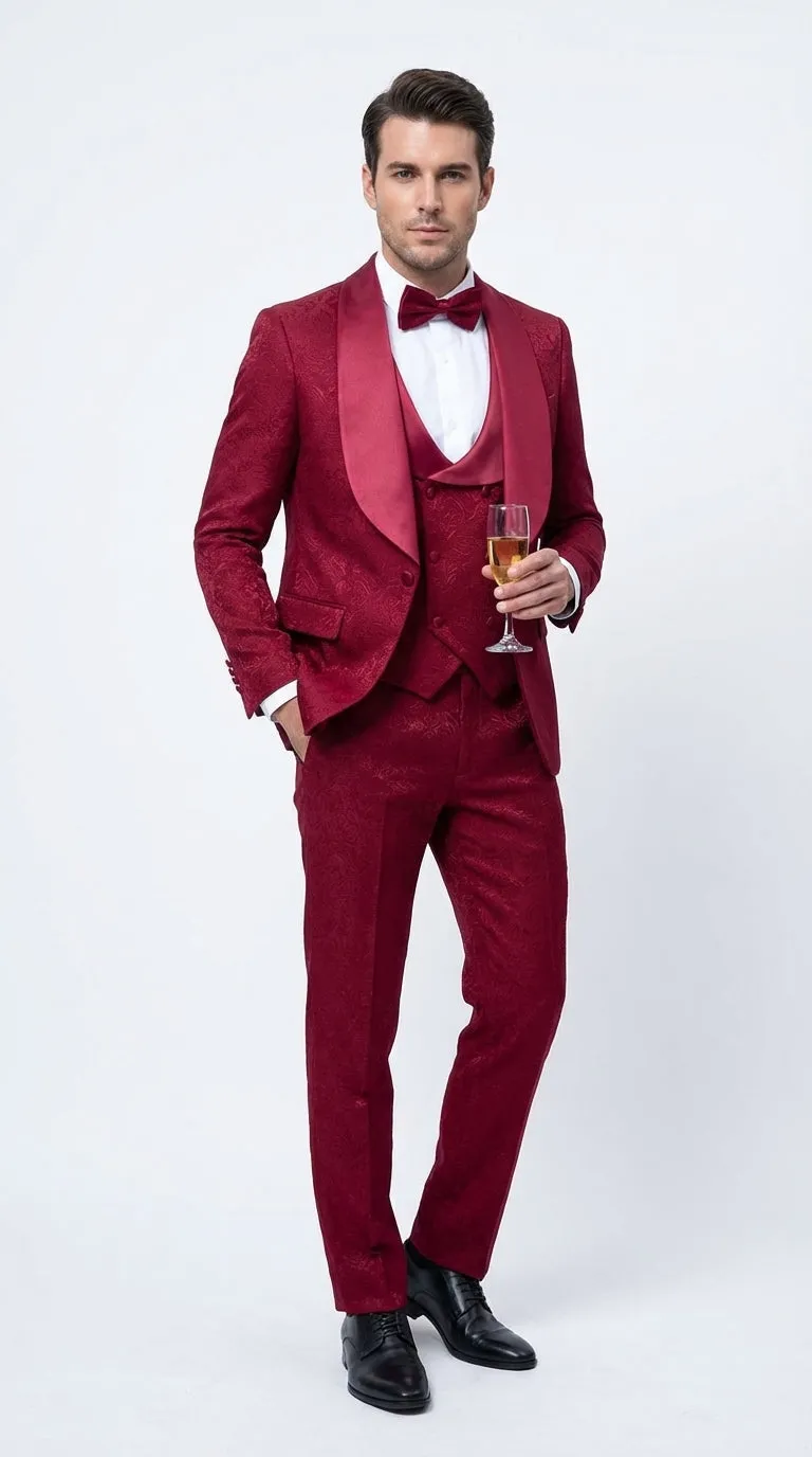 Mens Burgundy Wedding Tuxedo Suit – Paisley Three Piece Formal Suit Set with Shawl Lapel for Groom, Prom sold by Alberto Nardoni product image thumbnail 4