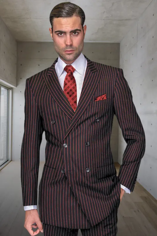 Men's Designer Double Breasted Wool Suit in Bold Black & Red Gangster Pinstripe made by Alberto Nardoni