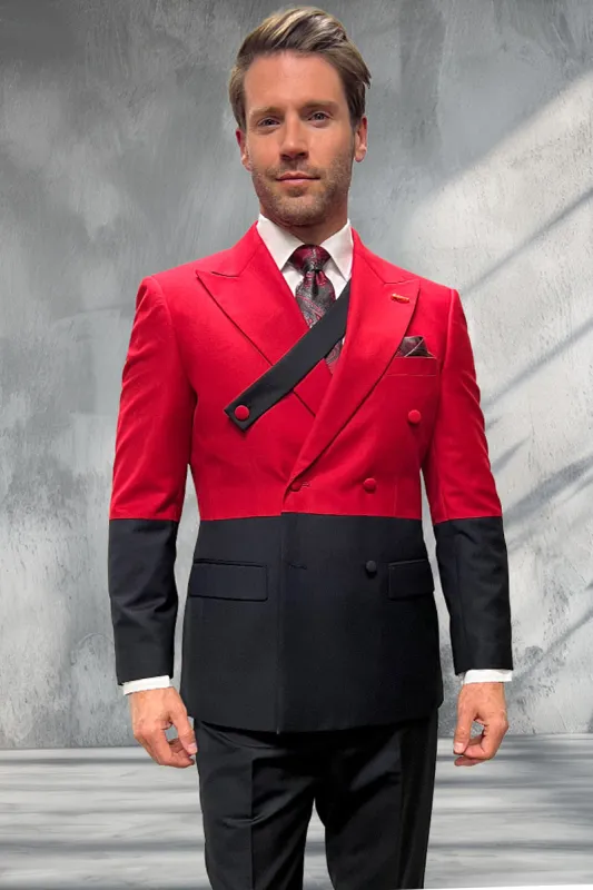 Men's Designer Wool Double Breasted Suit in Dipped Two Tone Black & Red made by Alberto Nardoni
