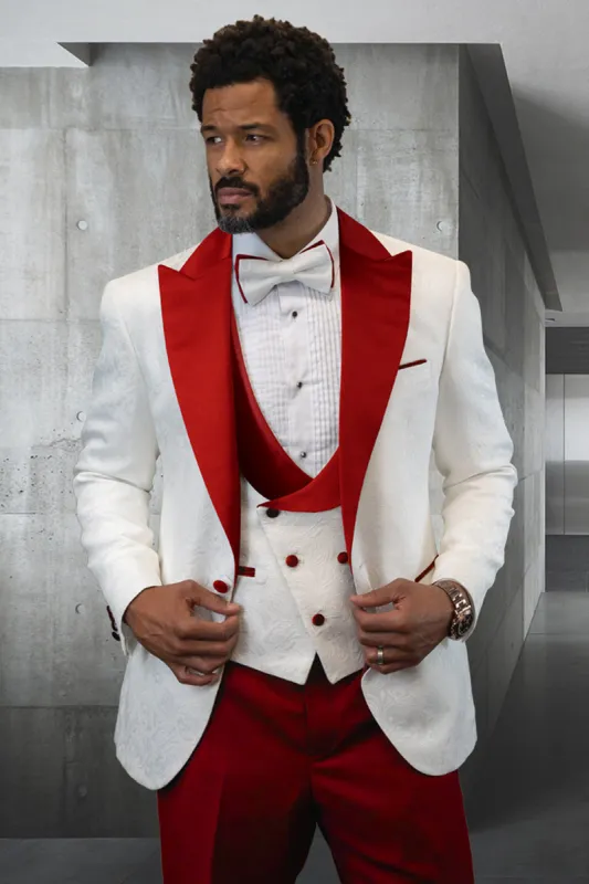 Men's Designer Vested Contrast Peak Lapel Wool Wedding & Prom Tuxedo in White Paisley & Red made by Alberto Nardoni