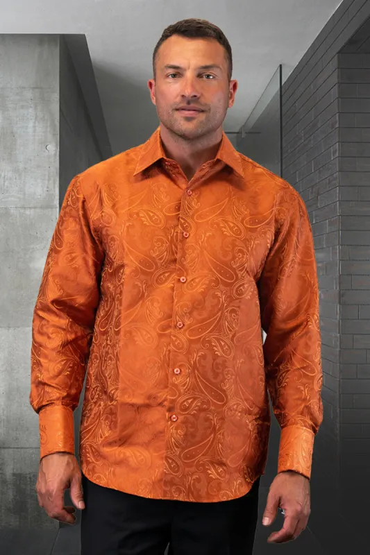 Men's Fancy Long Sleeve Woven Paisley Dress Shirt in Copper made by Alberto Nardoni