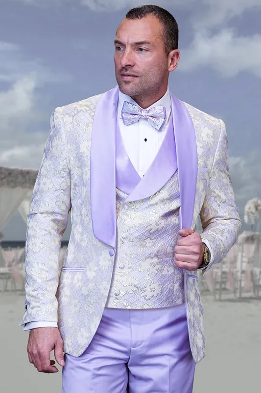 Men's Designer Vested Wedding & Prom Tuxedo in Purple & Gold Floral Paisley made by Alberto Nardoni