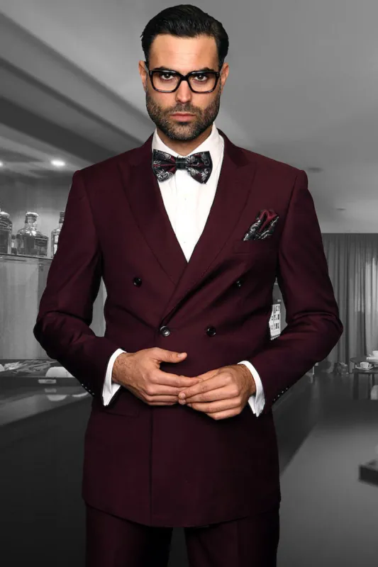 Men's Designer Double Breasted Wool Suit in Burgundy made by Alberto Nardoni
