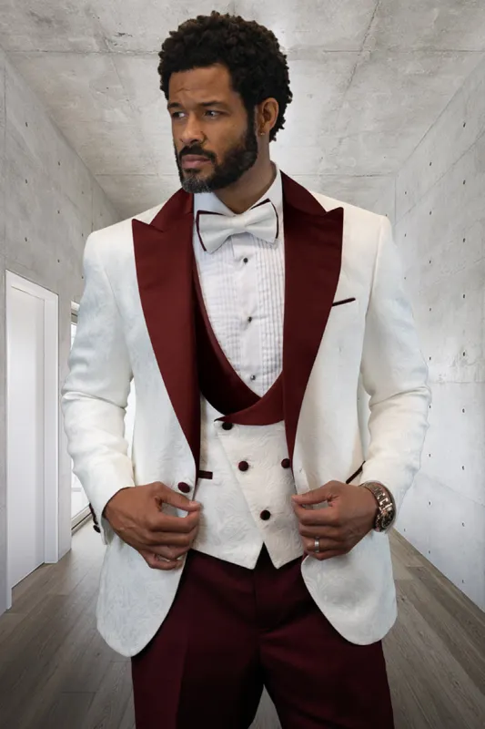 Men's Designer Vested Contrast Peak Lapel Wool Wedding & Prom Tuxedo in White Paisley & Burgundy made by Alberto Nardoni
