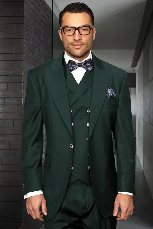 Men's Designer Vested One Button Peak Lapel Wide Leg Pant Wool Suit in Hunter Green made by Alberto Nardoni