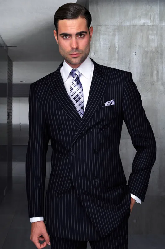Men's Designer Double Breasted Wool Suit in Bold Navy Blue Gangster Pinstripe. made by Alberto Nardoni