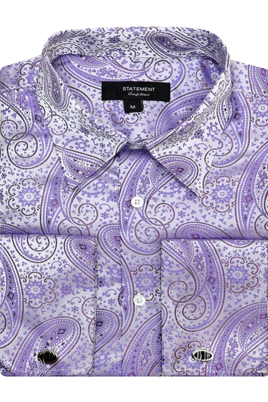 Men's Fancy French Cuff Long Sleeve Dress Shirt in Lavender Paisley made by Alberto Nardoni