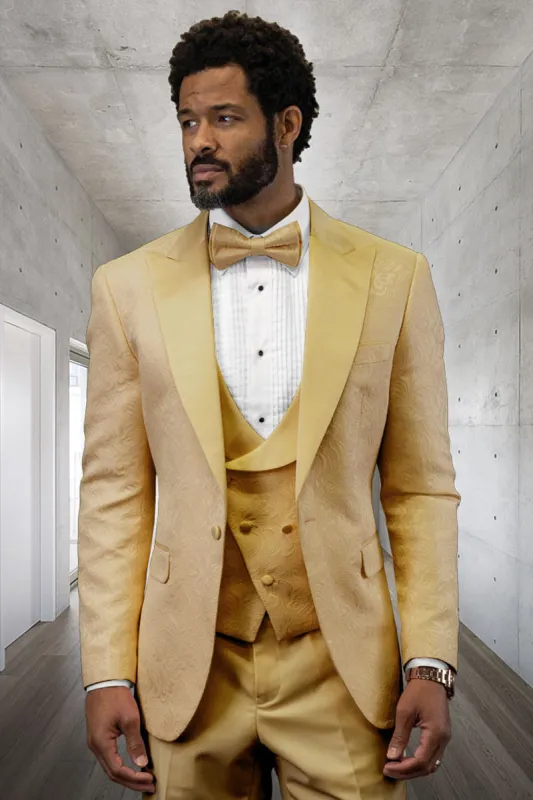 Men's Designer Vested Tonal Paisley Wedding & Prom Tuxedo in Gold made by Alberto Nardoni