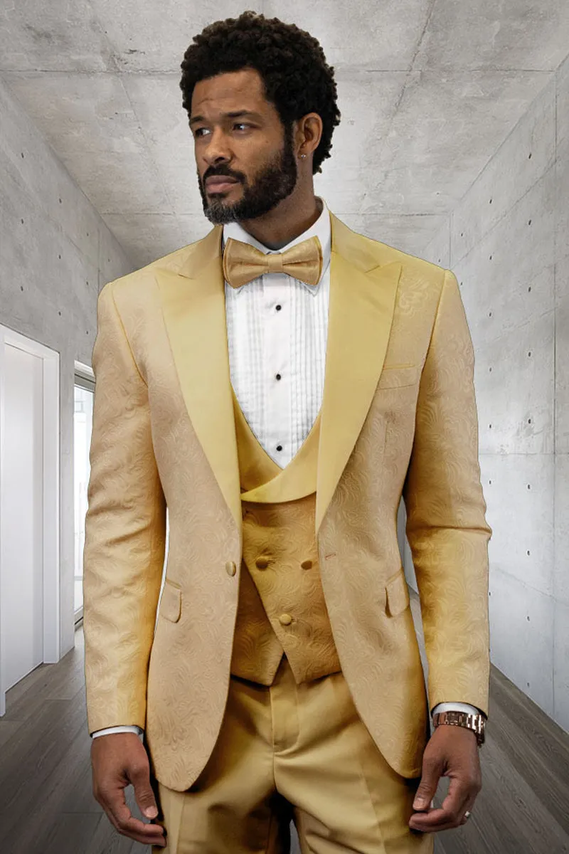 Men's Designer Vested Tonal Paisley Wedding & Prom Tuxedo in Gold sold by Alberto Nardoni