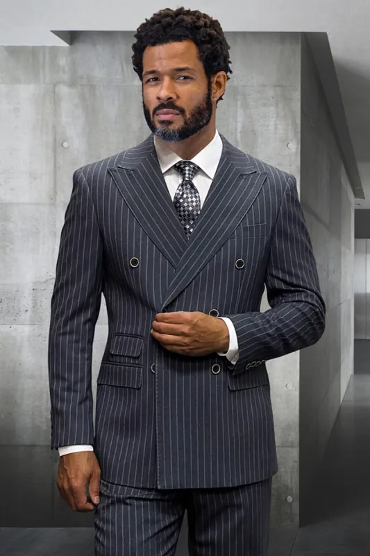 Men's Designer Classic Fit Double Breasted Wool Pinstripe Suit in Charcoal Grey made by Alberto Nardoni