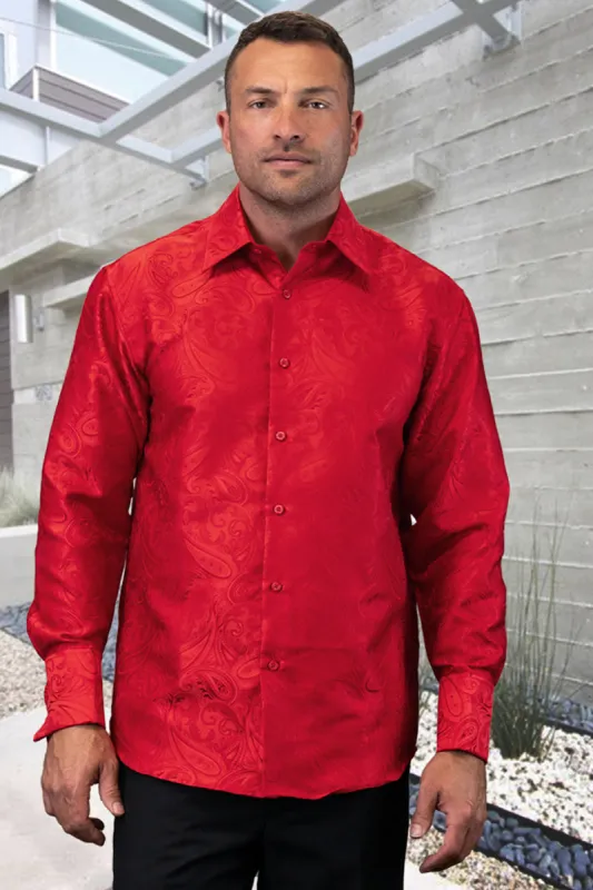 Men's Fancy Long Sleeve Woven Paisley Dress Shirt in Red made by Alberto Nardoni