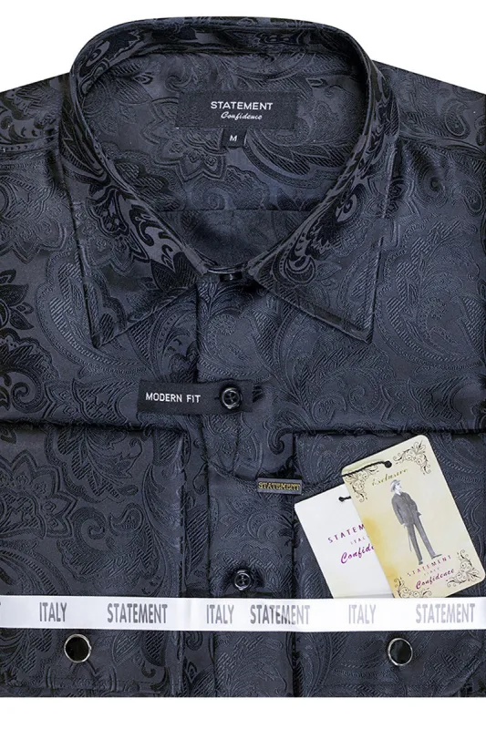 Men's Fancy Long Sleeve Woven Paisley French Cuff Dress Shirt in Black made by Alberto Nardoni