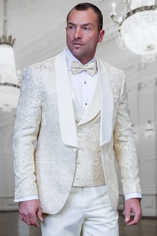 Men's Designer Vested Wedding & Prom Tuxedo in Ivory Off White & Gold Floral Paisley made by Alberto Nardoni